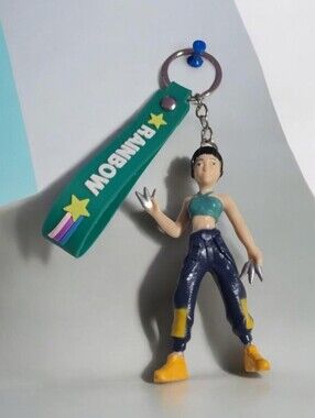 K-pop Rainbow Rubber Tag Keychain with Female Fighter Figure - Teal & Navy